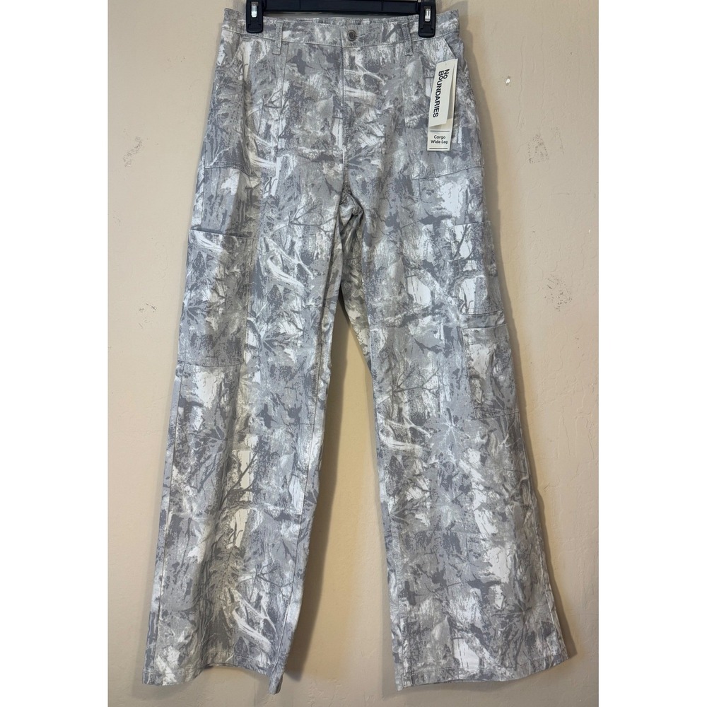 No Boundaries Cargo Wide Leg Pants Women M 8-10 Grey Wood Camo Utility NEW
